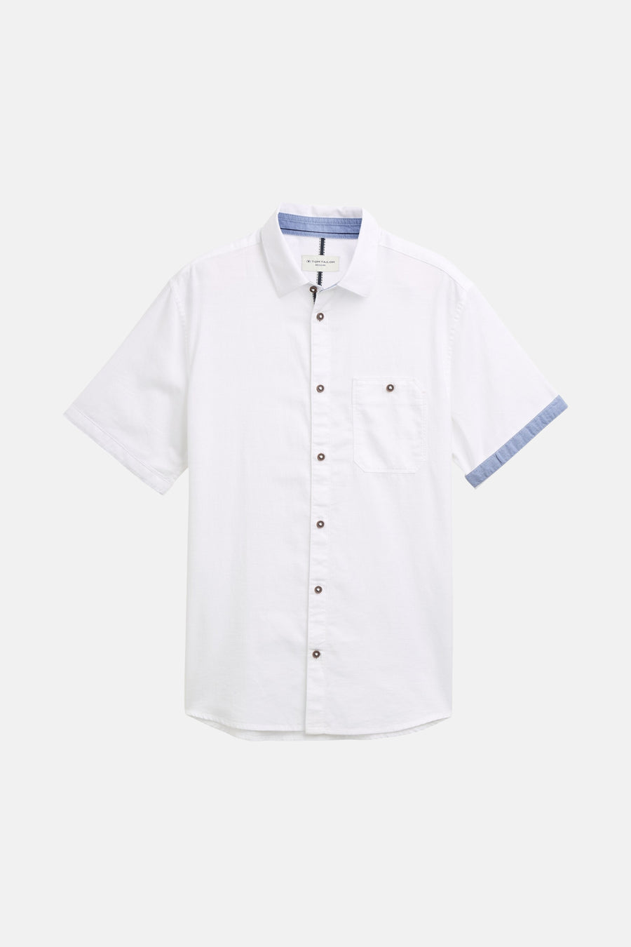 Wit overhemd met korte mouwen van Tom Tailor, met borstzak en blauwe mouwboorden.