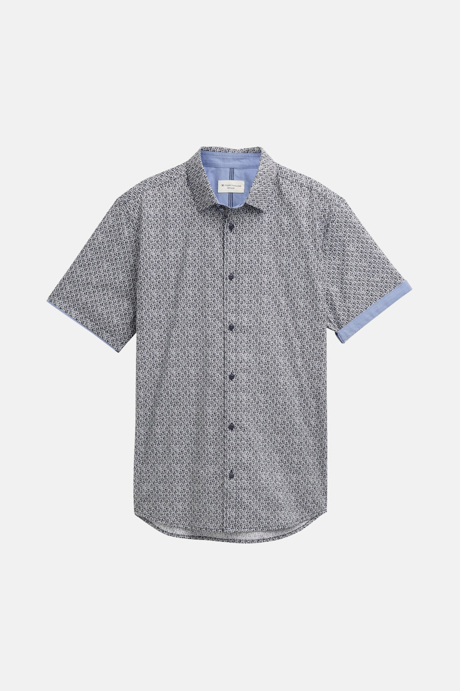 Blauw overhemd met korte mouwen van Tom Tailor, met een subtiel printpatroon en contrasterende afwerkingen aan de mouwen en kraag.