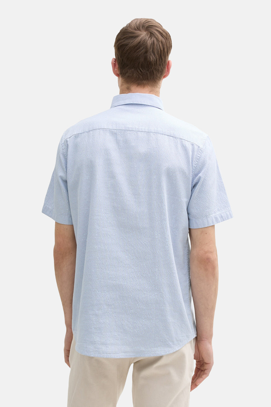Blauw overhemd met korte mouwen van Tom Tailor, achterkant, met een subtiel stippenpatroon.