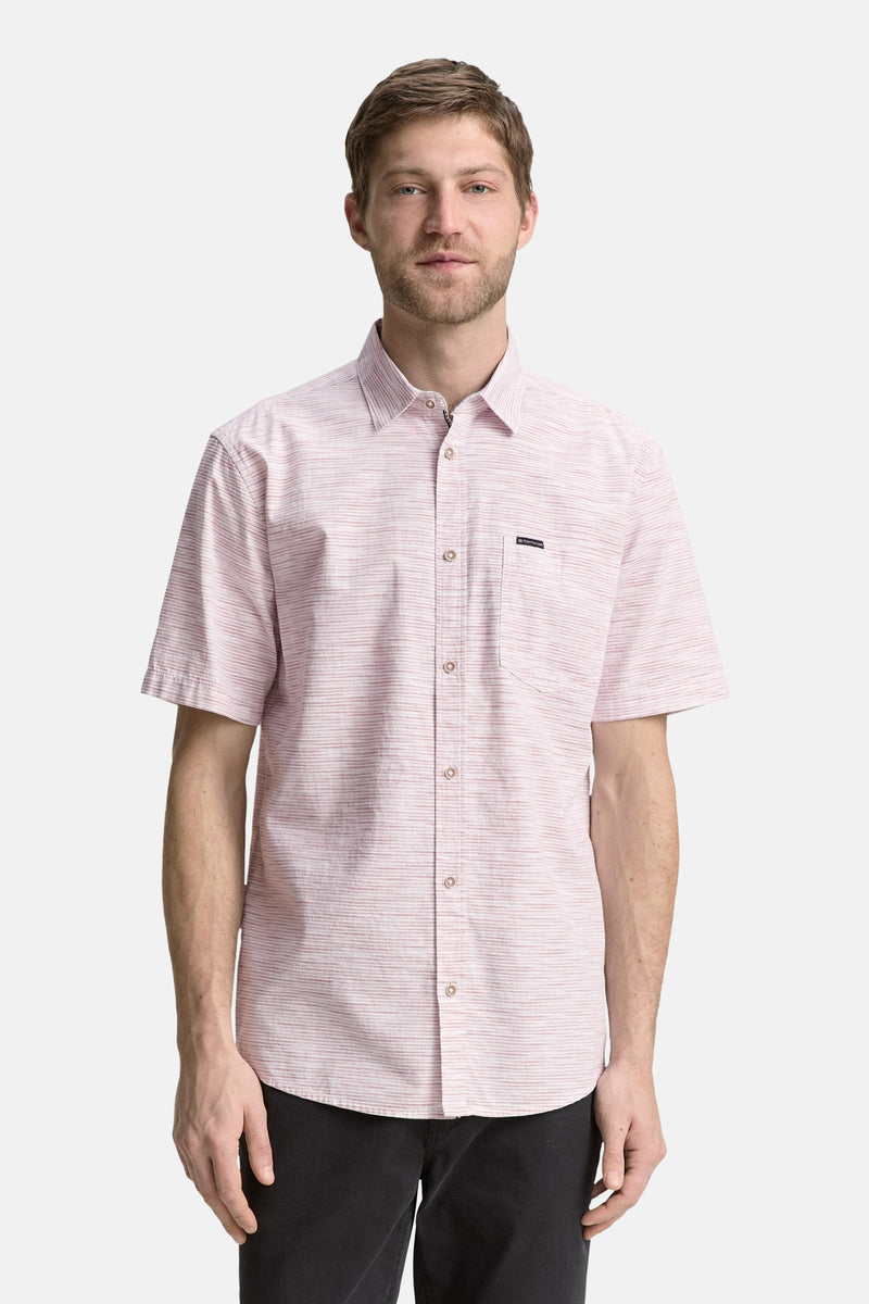 Chemise à manches courtes rose en coton par Tom Tailor, à rayures horizontales et coupe classique.