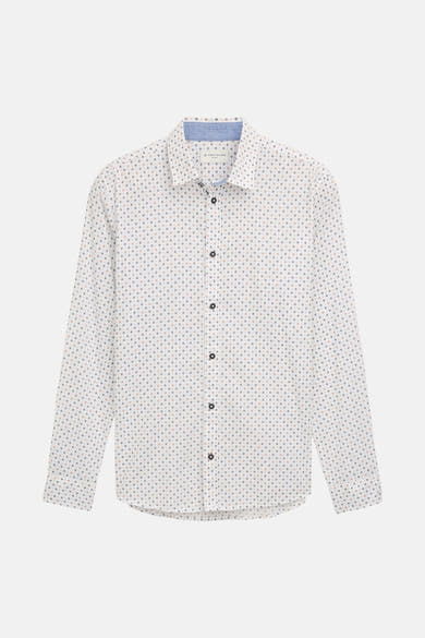 Chemise à manches longues blanche de Tom Tailor, avec motif à losanges beiges et noirs.