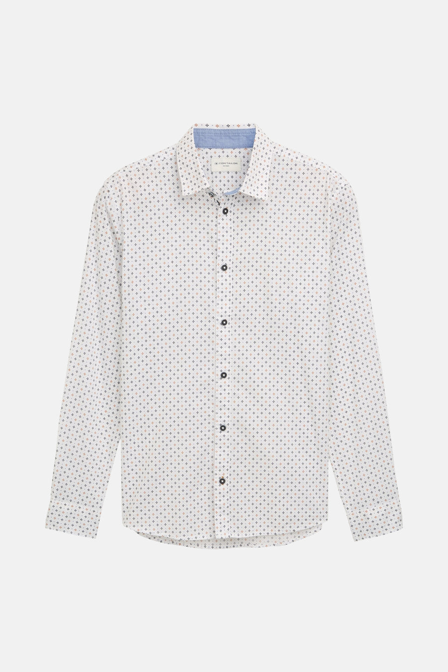 Chemise à manches longues blanche de Tom Tailor, avec motif à losanges beiges et noirs.