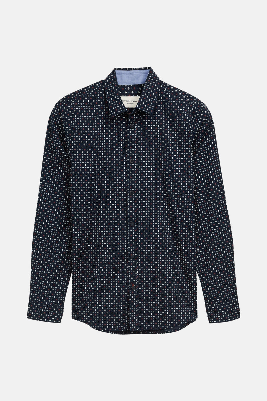 Chemise à manches longues bleue à motifs, de Tom Tailor, avec petits motifs géométriques blancs et bordeaux.