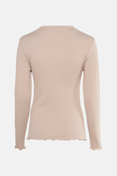 Beige T-shirt met lange mouwen van OPUS, in geribbelde stof met een golvende zoom.