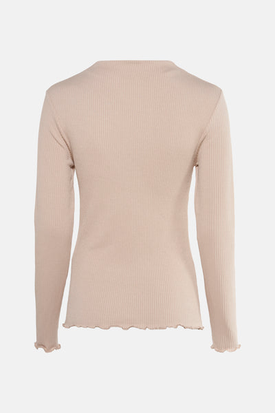 Beige T-shirt met lange mouwen van OPUS, in geribbelde stof met een golvende zoom.