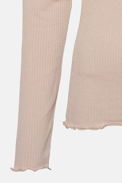 Beige T-shirt met lange mouwen van OPUS, in ribgebreide stof met golvende zoom.