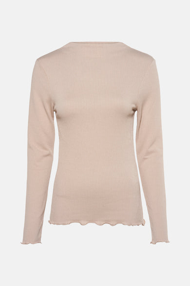 Beige T-shirt met lange mouwen van OPUS, in ribgebreide stof met golvende zoom.