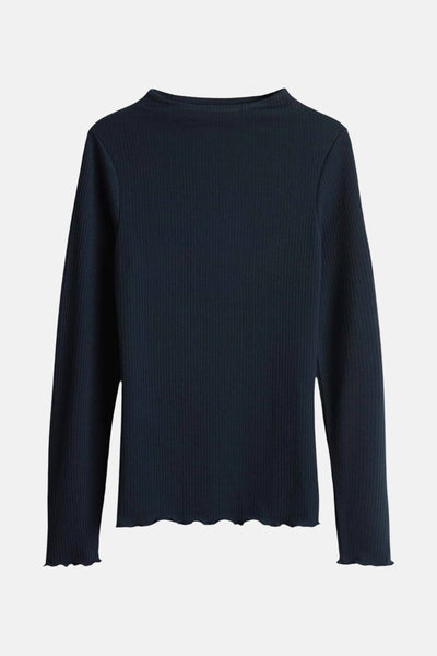Marineblauwe T-shirt met lange mouwen van OPUS, in ribgebreide stof met golvende zoom.