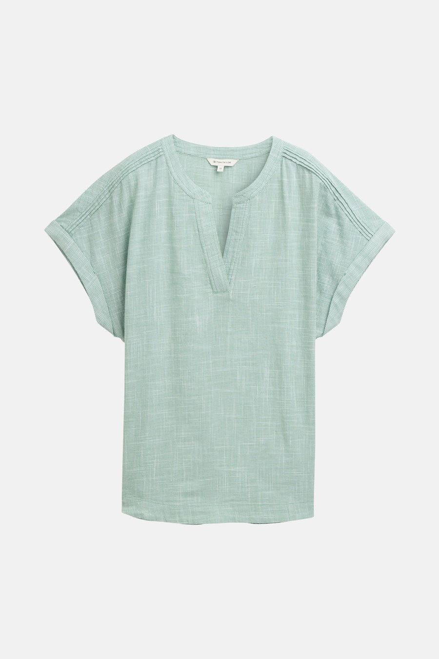 Blouse à manches courtes verte de Tom Tailor, motif à carreaux discrets, manches roulées et encolure en V.
