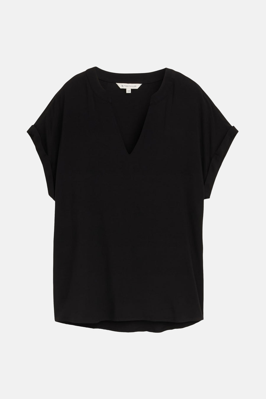 Blouse noire à manches courtes de Tom Tailor, avec un col en V et des manches retroussées.