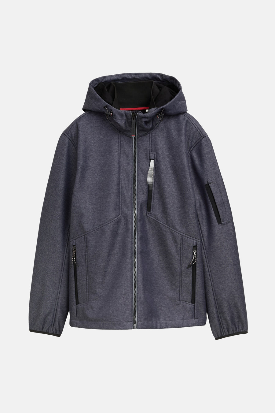 Korte blauwe jas van Tom Tailor, met capuchon en ritssluiting op een witte achtergrond.