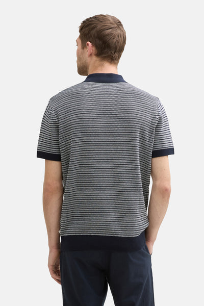 Polo bleu marine à motifs tissés de Tom Tailor, manches courtes avec finitions côtelées, vue de dos.
