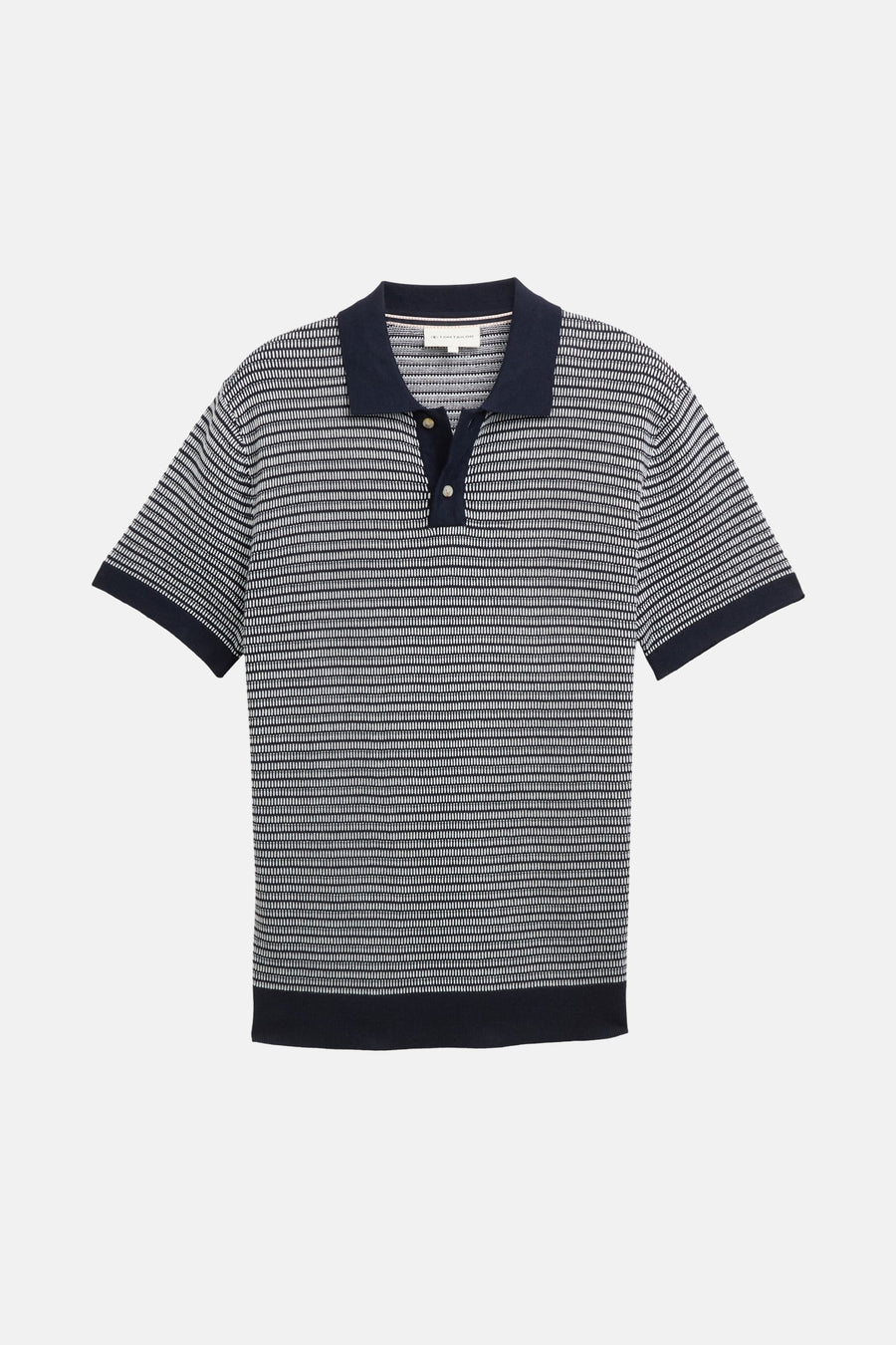 Blauw gestreept poloshirt van Tom Tailor, met marineblauwe kraag en zoom, twee knopen.
