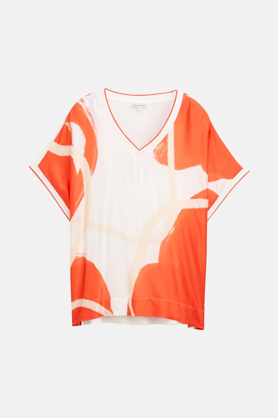 Chemisier à manches courtes multicolore de Tom Tailor, avec un motif abstrait orange et beige.