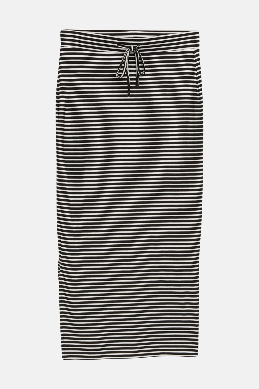 Zwarte midi-rok met witte strepen van Tom Tailor, met trekkoord in de taille.