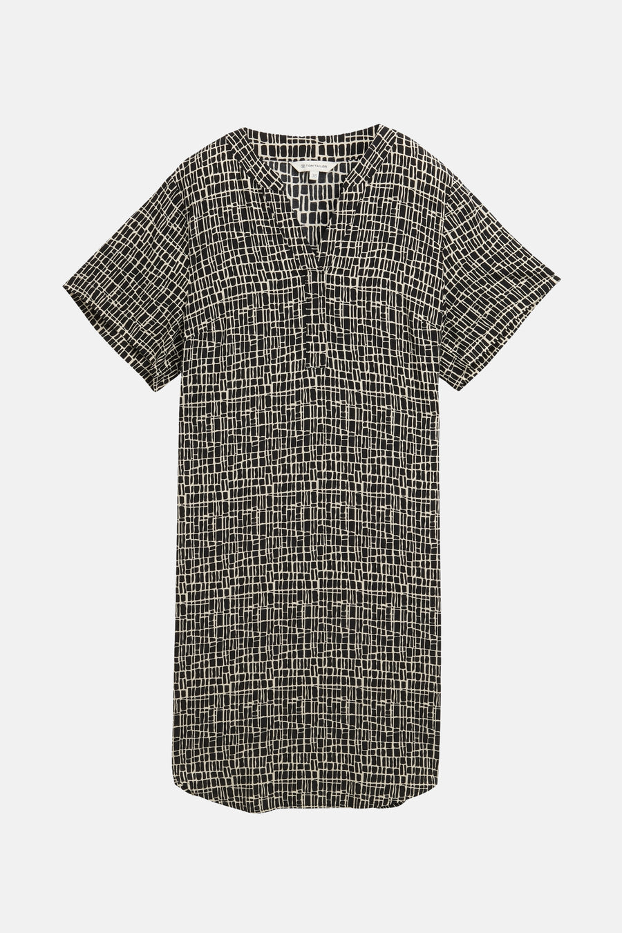 Robe noire à manches courtes par Tom Tailor avec motif géométrique abstrait.