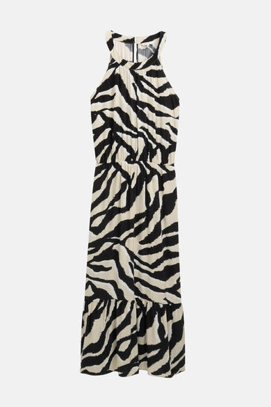 Robe longue multicolore de Tom Tailor, avec un imprimé zébré noir et blanc, et volant sur le bas.