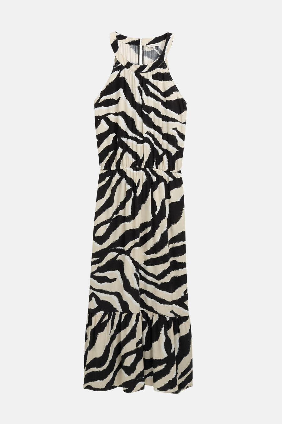 Robe longue multicolore de Tom Tailor, avec un imprimé zébré noir et blanc, et volant sur le bas.