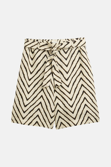 Korte beige short met zigzagpatroon van Tom Tailor met bijpassende strikceintuur.