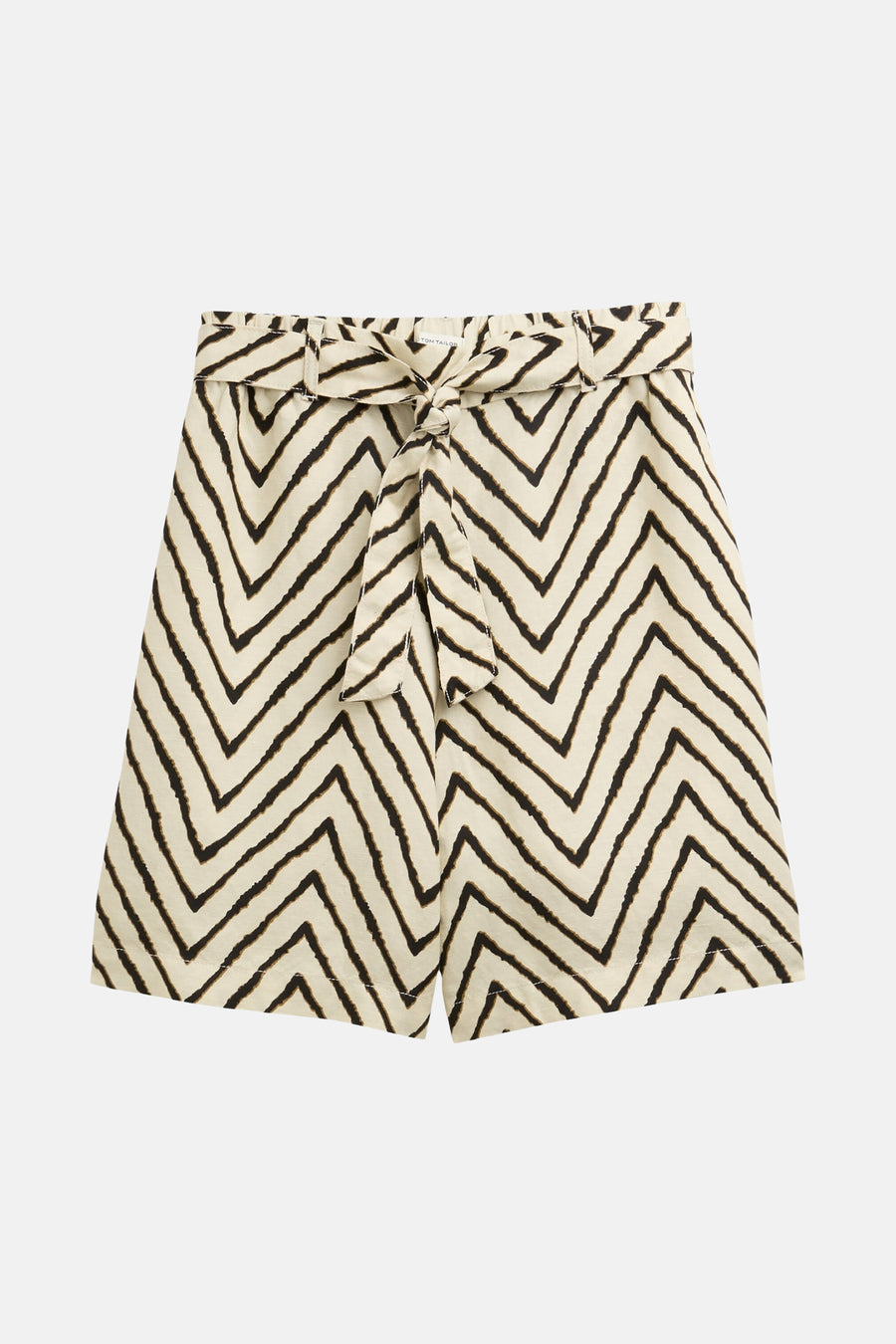 Korte beige short met zigzagpatroon van Tom Tailor met bijpassende strikceintuur.