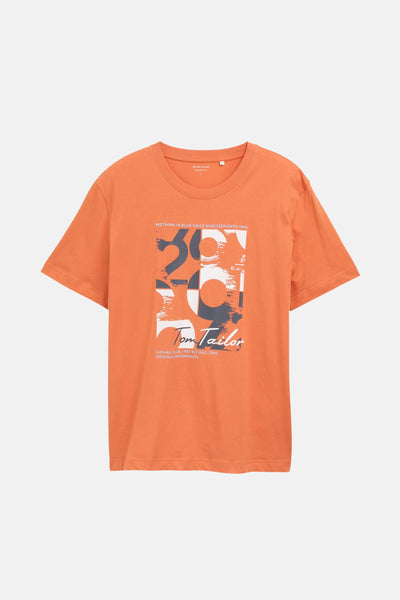 T-shirt orange à manches courtes de Tom Tailor, avec imprimé graphique «1962» devant.