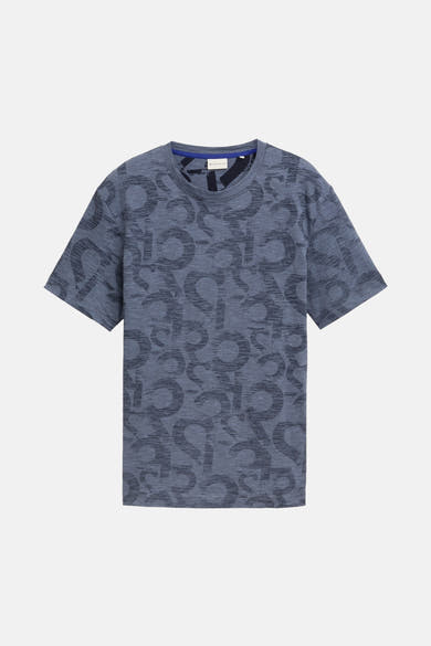 Blauw T-shirt met korte mouwen van Tom Tailor, met all-over typografische print en contrasterende ronde hals.