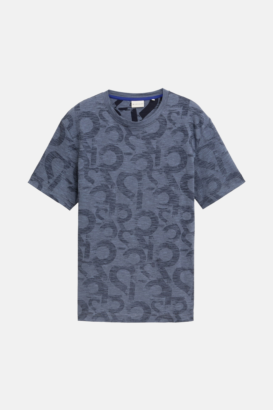 Blauw T-shirt met korte mouwen van Tom Tailor, met all-over typografische print en contrasterende ronde hals.