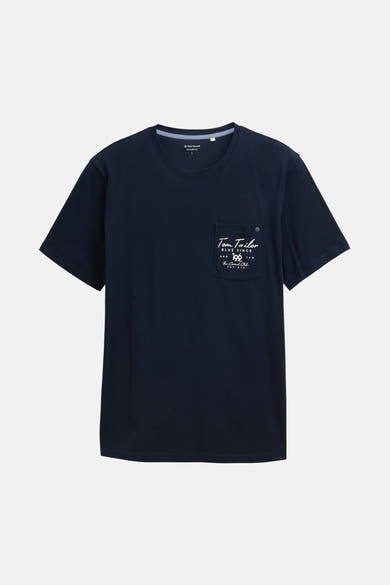 Blauw T-shirt met korte mouwen van Tom Tailor, met borstzak met print.