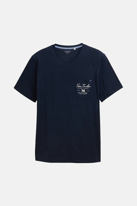 Blauw T-shirt met korte mouwen van Tom Tailor, met borstzak met print.