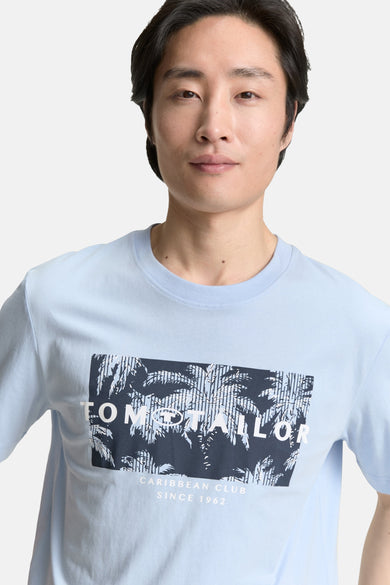 Blauw T-shirt met korte mouwen van Tom Tailor, met een decoratieve palmboomprint.