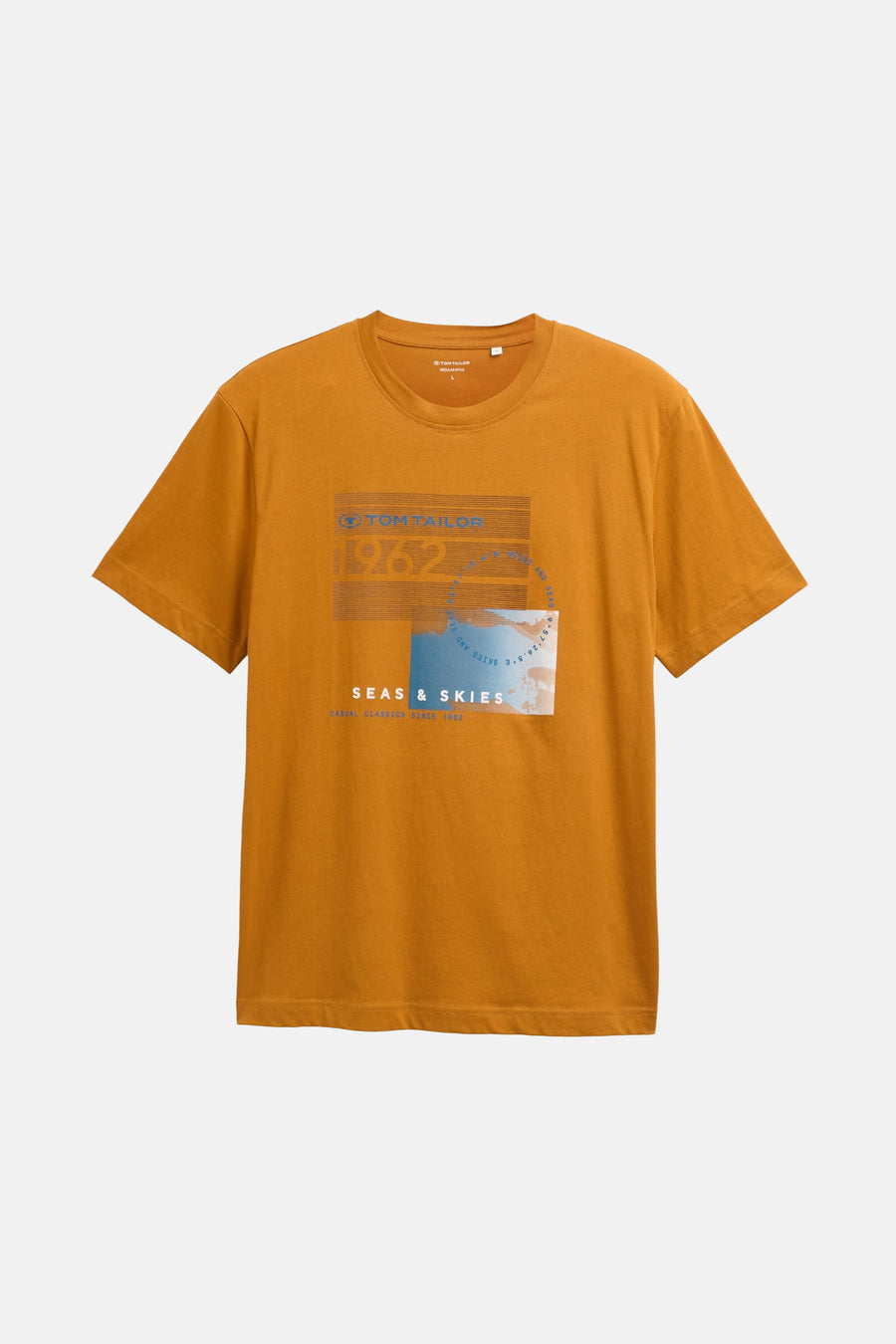 T-shirt ocre à manches courtes de Tom Tailor, avec imprimé graphique "Seas & Skies".
