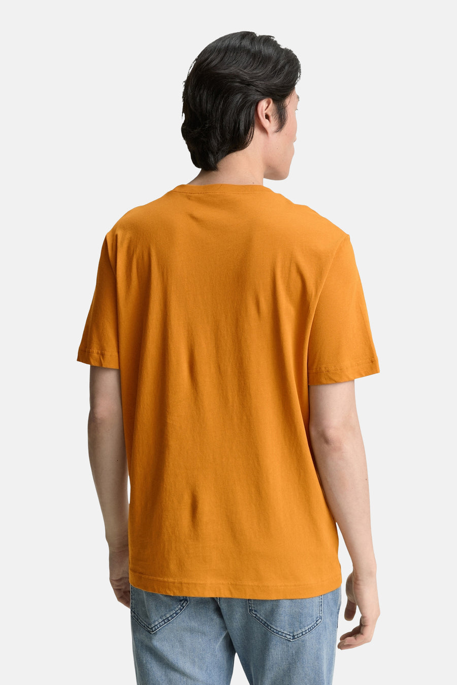 T-shirt à manches courtes ocre de Tom Tailor, vue de dos, porté avec un jean bleu clair.