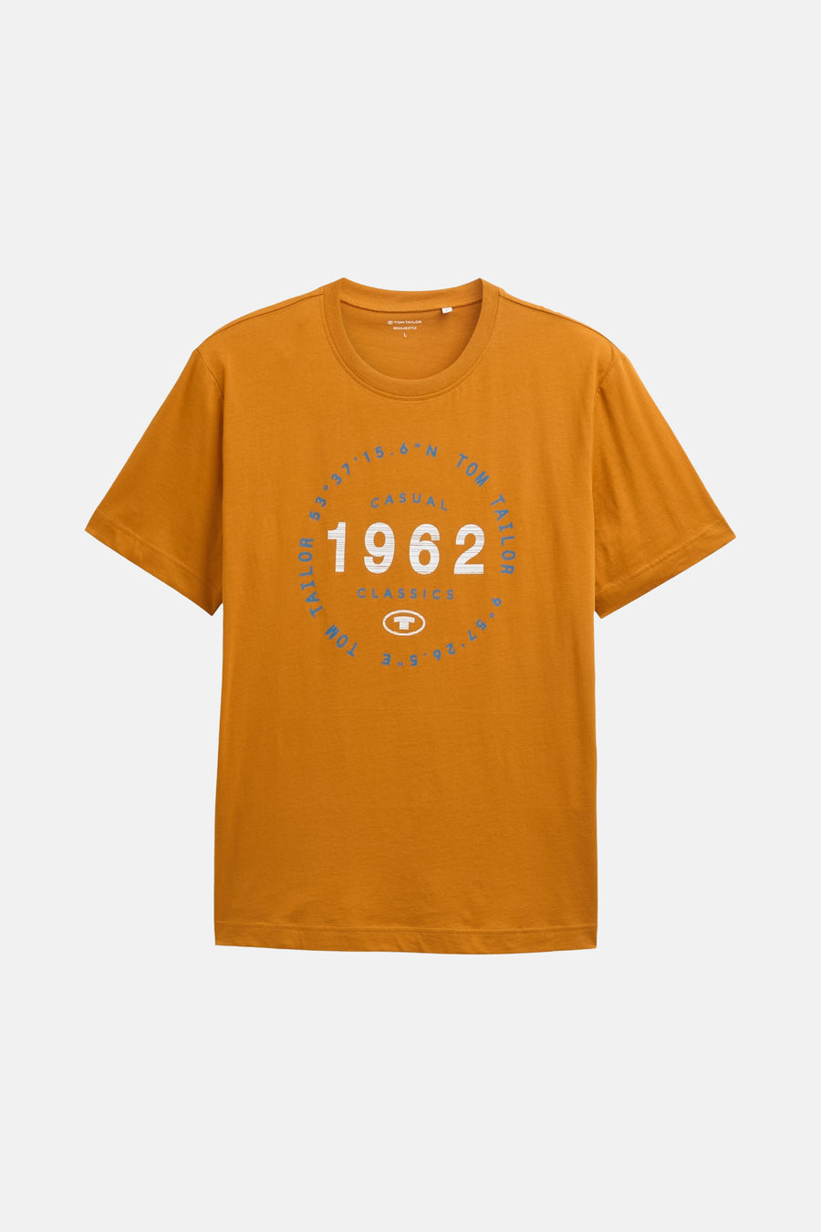 T-shirt ocre à manches courtes de Tom Tailor, avec un imprimé circulaire sur le devant.
