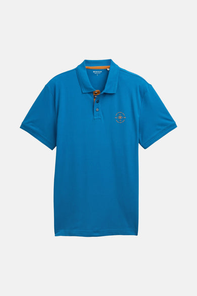 Polo à manches courtes bleu de Tom Tailor, avec un imprimé sur le devant et des boutons marron.