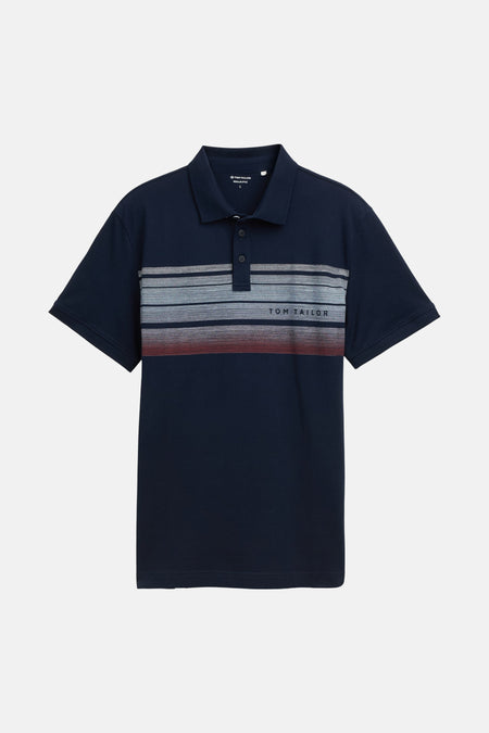 Blauwe polo met korte mouwen van Tom Tailor, horizontale strepen op de borst, klassieke pasvorm.