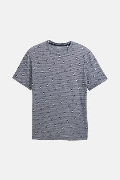 T-shirt à manches courtes bleu de Tom Tailor, avec rayures horizontales et motif de voiliers.