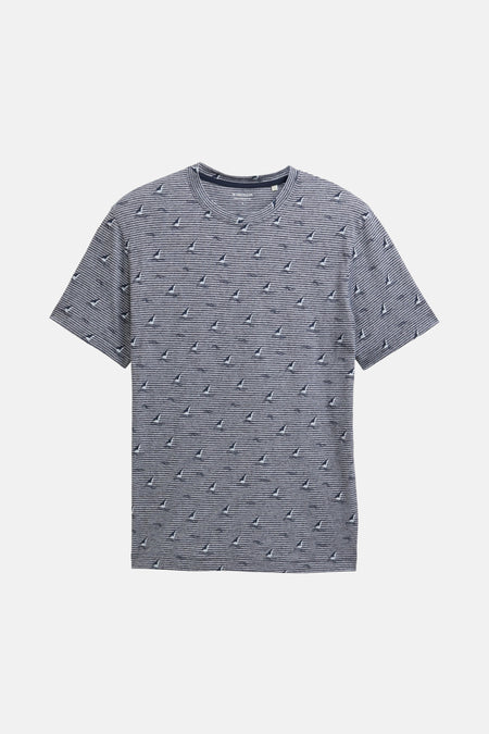 Blauw T-shirt met korte mouwen van Tom Tailor, met horizontale strepen en zeilbootmotief.