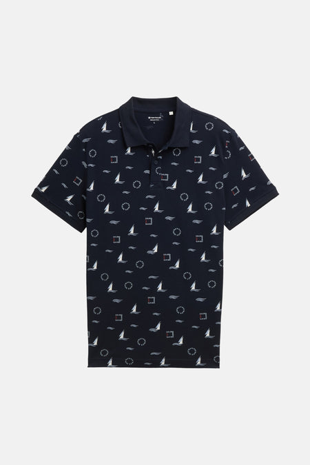Blauwe polo met korte mouwen van Tom Tailor met boot- en golfpatronen.
