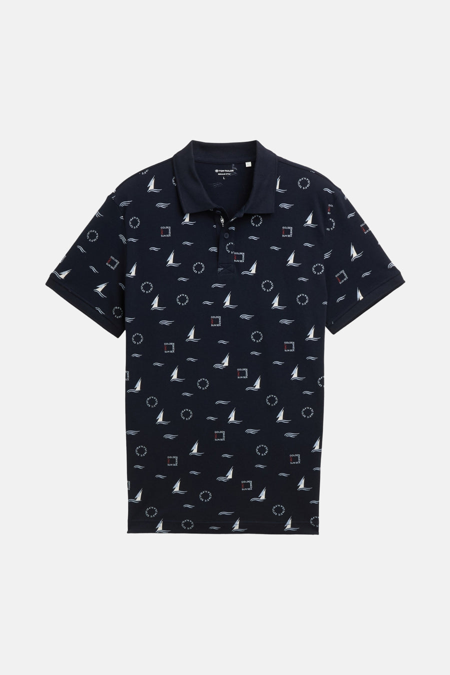 Polo bleu à manches courtes de Tom Tailor avec motifs de bateaux et vagues.