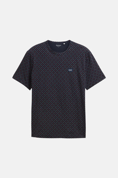 T-shirt à manches courtes bleu de Tom Tailor, à motif géométrique de croix rouges et blanches.