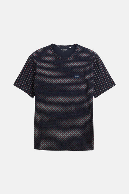 Blauw T-shirt met korte mouwen van Tom Tailor, met geometrisch patroon van rode en witte kruisen.