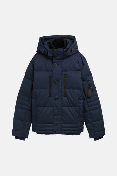 Veste courte bleue de Tom Tailor, avec capuche, poches zippées et détails boutonnés.