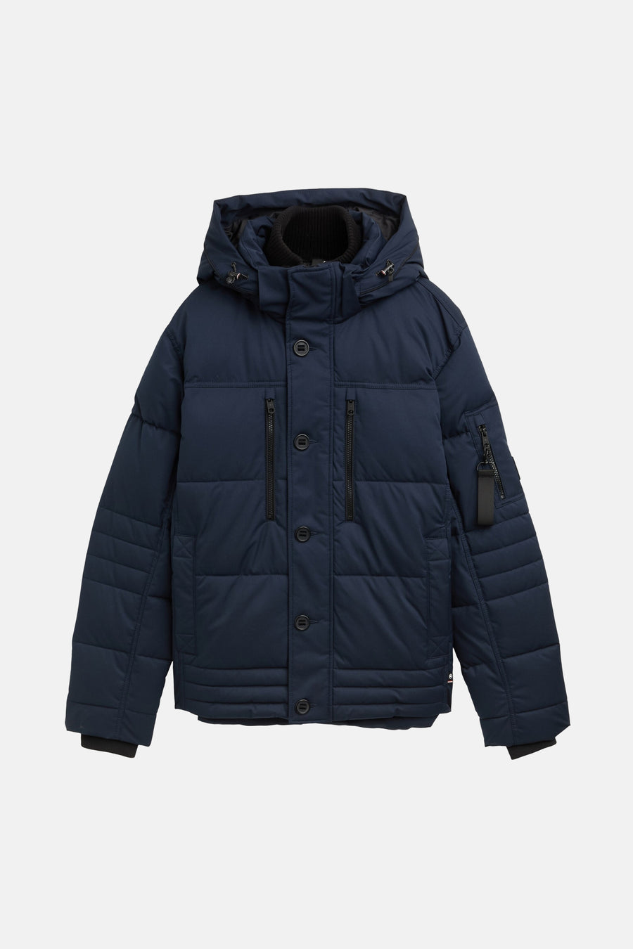 Veste courte bleue de Tom Tailor, avec capuche, poches zippées et détails boutonnés.