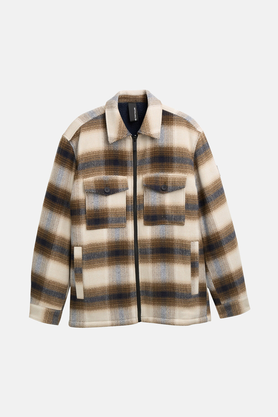Kort bruin jasje van Tom Tailor, met beige, bruine en blauwe ruit, met klepzakken.