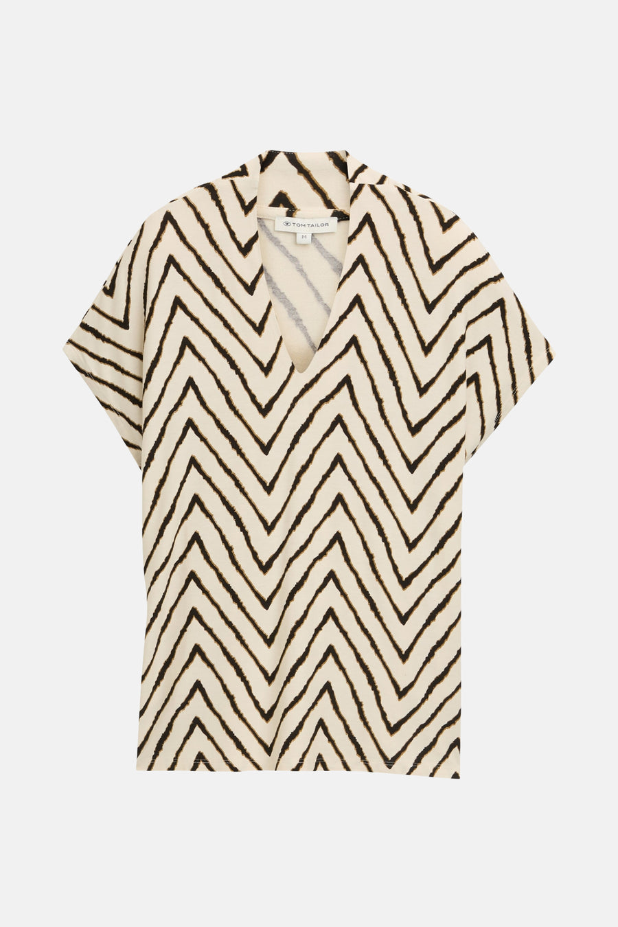 Multikleurige blouse met korte mouwen van Tom Tailor, met zwart en beige chevronpatroon.