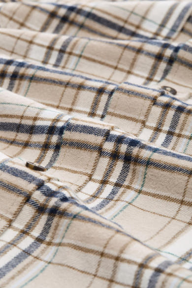 Beige overhemd met lange mouwen van Tom Tailor, geruit patroon met bruine en marineblauwe tinten.