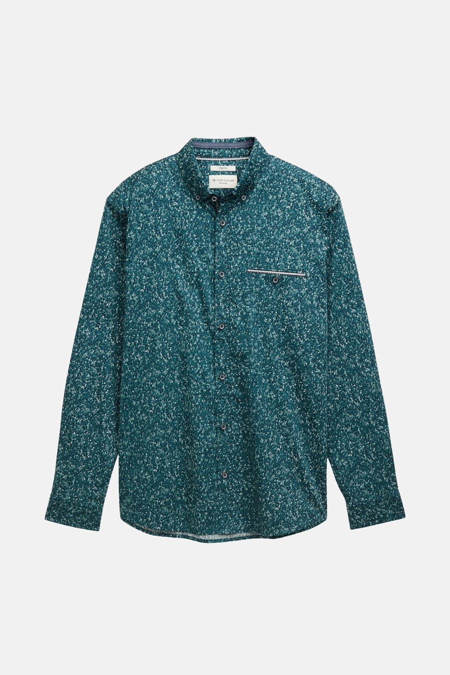 Chemise à manches longues verte de Tom Tailor, avec un motif moucheté et une poche poitrine.