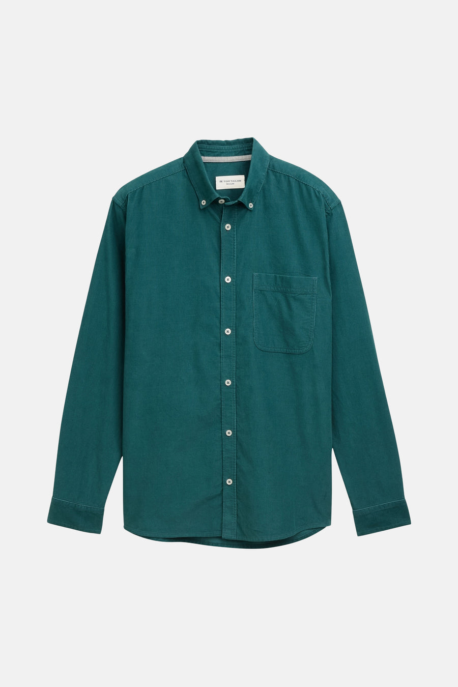 Groen fluwelen overhemd met lange mouwen van Tom Tailor, met borstzak en witte knopen.