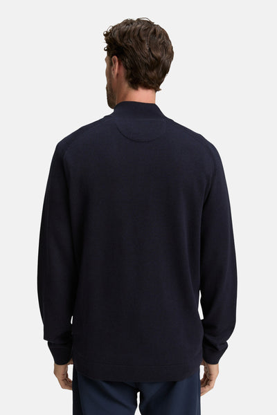 Ronde hals trui blauw van Tom Tailor, van achteren gezien, in effen gladde brei.
