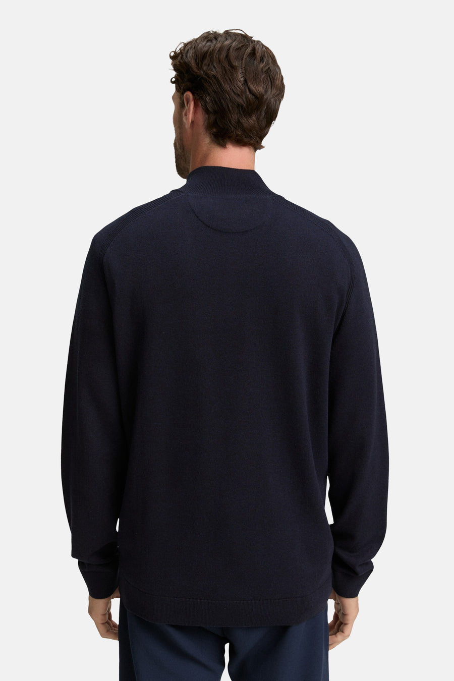 Pull à col rond bleu de Tom Tailor, vu de dos, en maille lisse unie.